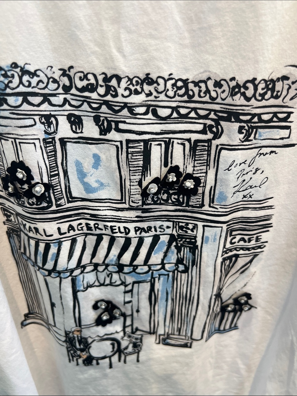 Karl Lagerfeld White Tee with Black and Blue Café Sketch XL - Picture 3 of 4